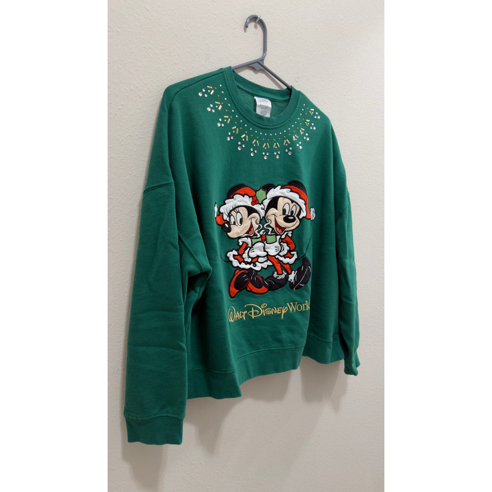 Walt Disney World Christmas Santa Mickey Minnie Rhinestone Sweatshirt Large NWT