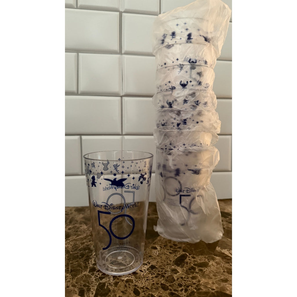 Walt Disney World 50th Anniversary Clear Plastic Cups - NEW Set of 8