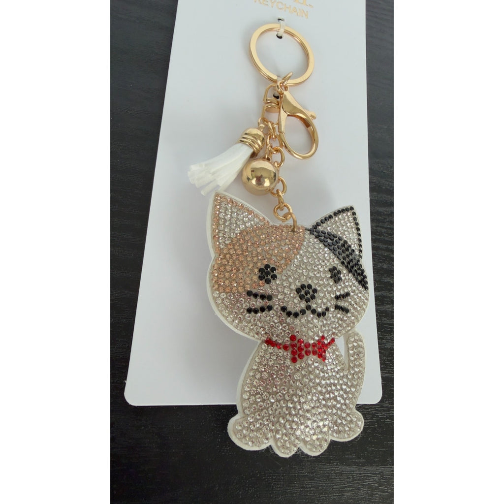 Bling Rhinestone Kitty Cat Puffy Keychain - Tassel Bag Charm - NEW
