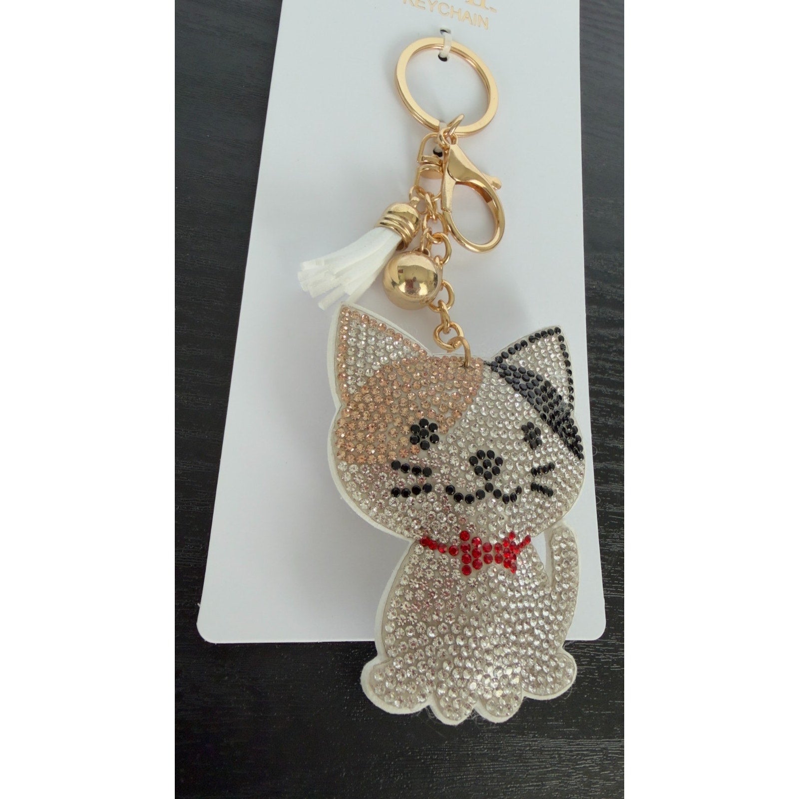 Bling Rhinestone Kitty Cat Puffy Keychain - Tassel Bag Charm - NEW