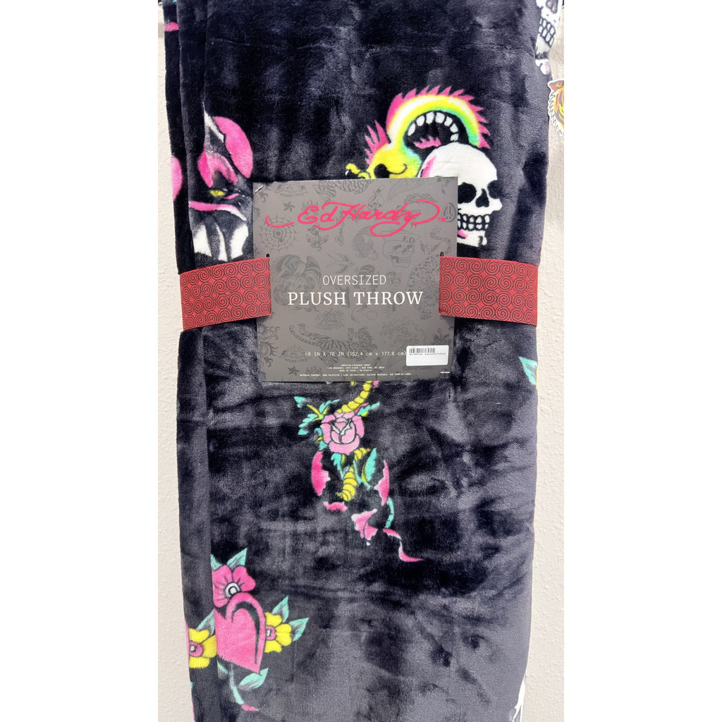 Ed Hardy Oversized Plush Throw Blanket Skulls Roses Tattoo Print 60x70 NWT