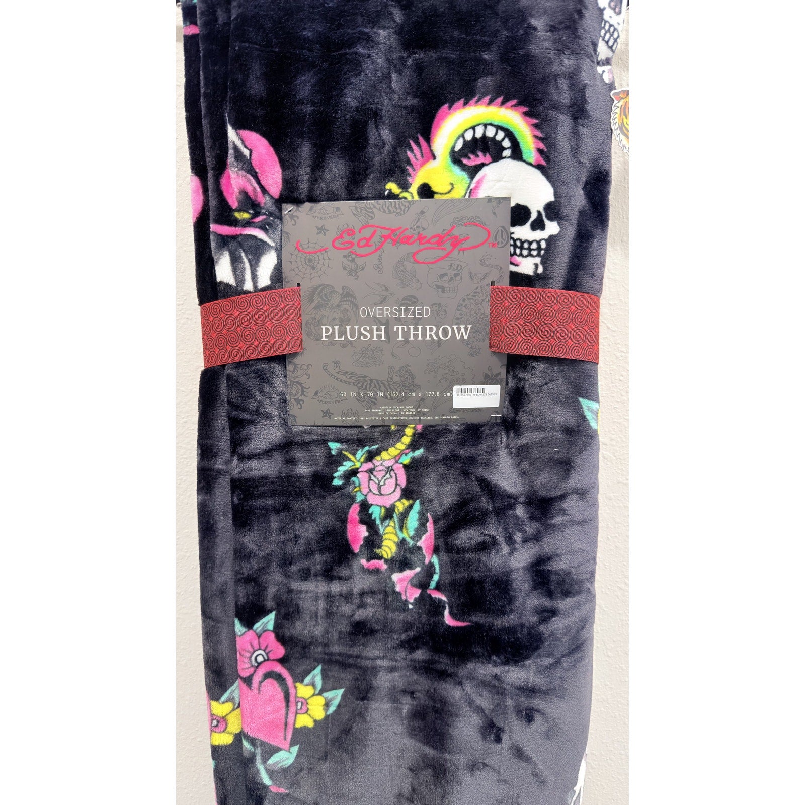 Ed Hardy Oversized Plush Throw Blanket Skulls Roses Tattoo Print 60x70 NWT