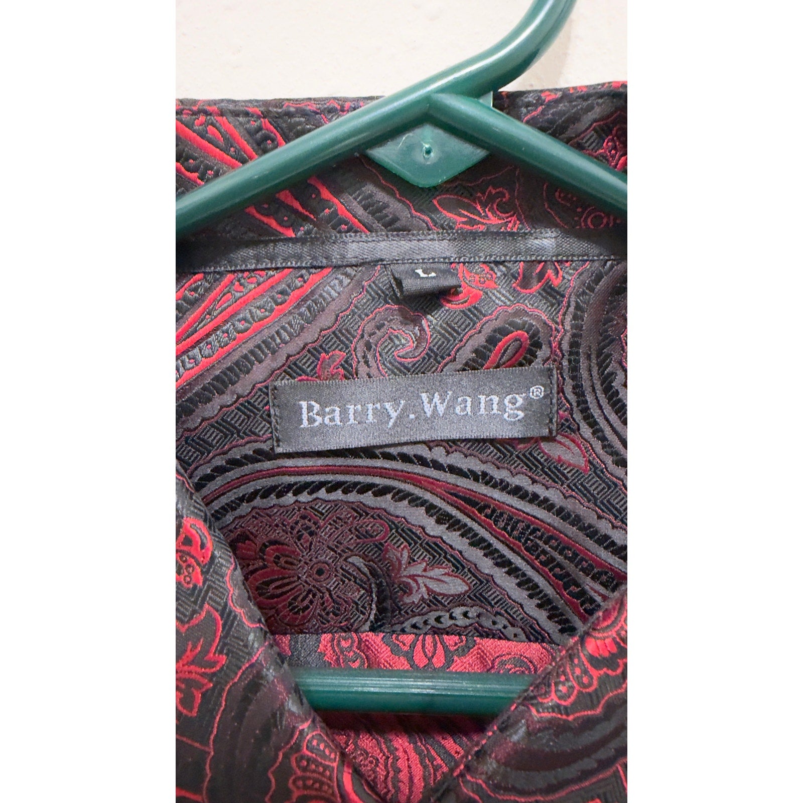 Barry.Wang Men's Luxury Paisley Silk Button Down Shirt Burgundy Black L NWT