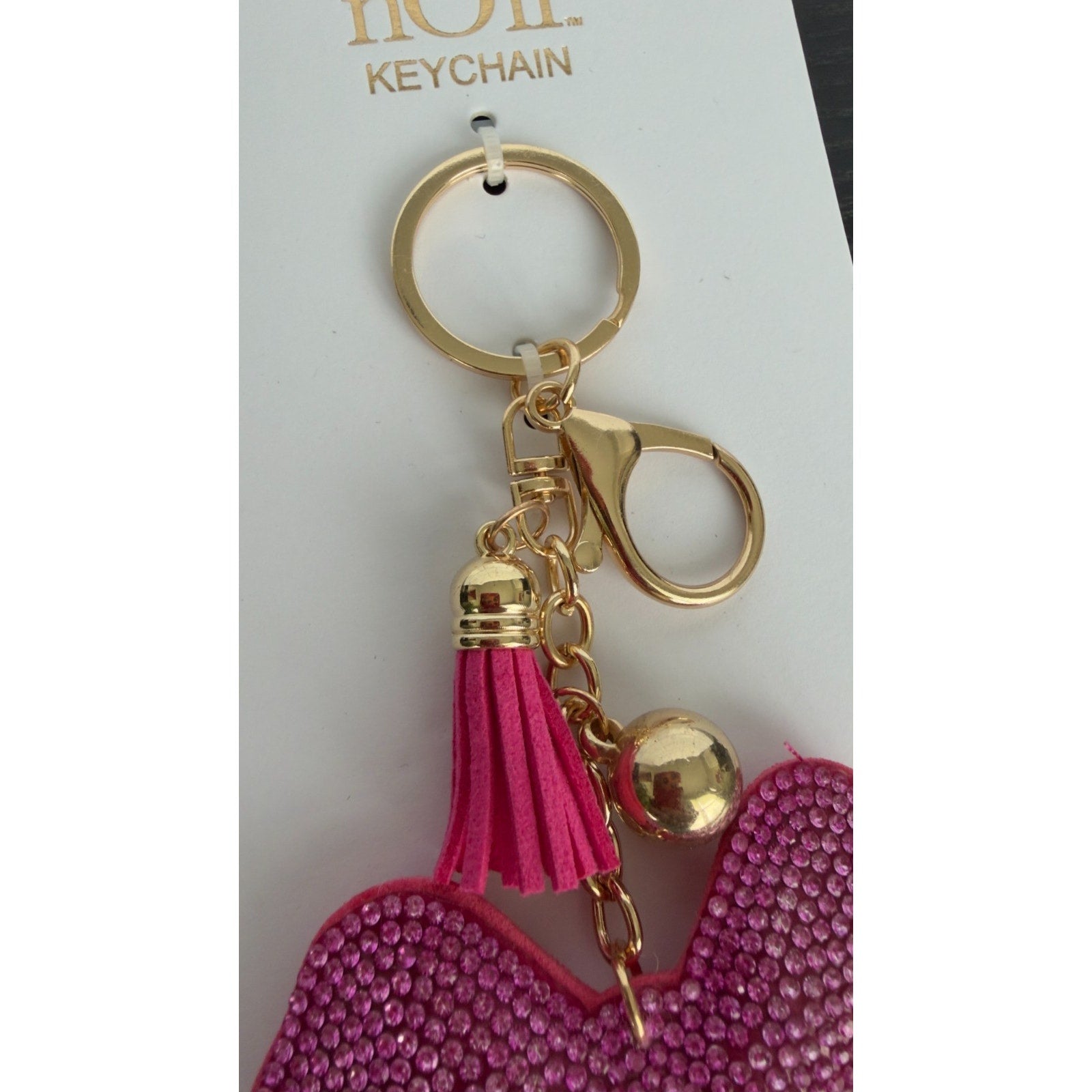 Bling Rhinestone Pink Ribbon Puffy Keychain - Tassel Bag Charm - NEW