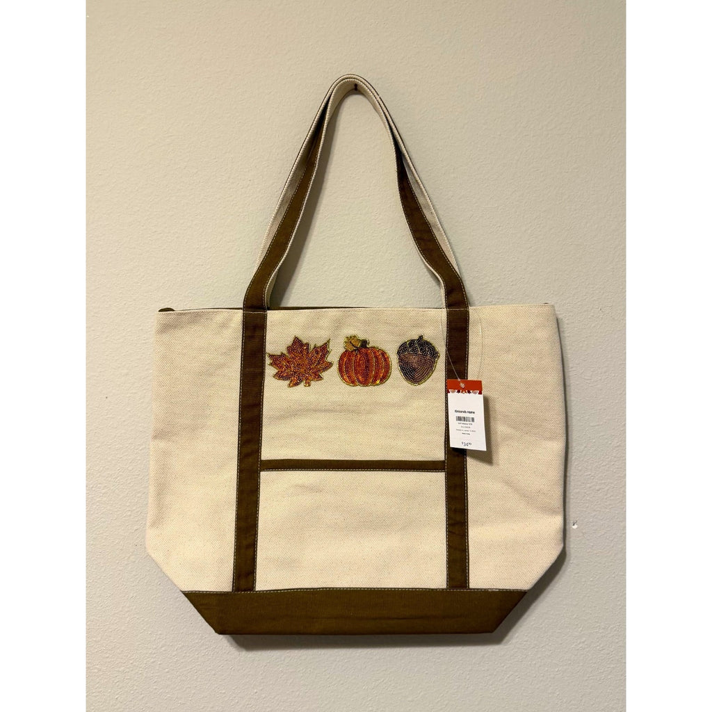 NWT Kirkland's Home Fall Mocha Canvas Tote Bag Sequin Appliques Zip Top