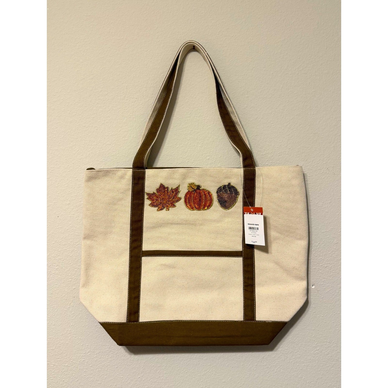 NWT Kirkland's Home Fall Mocha Canvas Tote Bag Sequin Appliques Zip Top