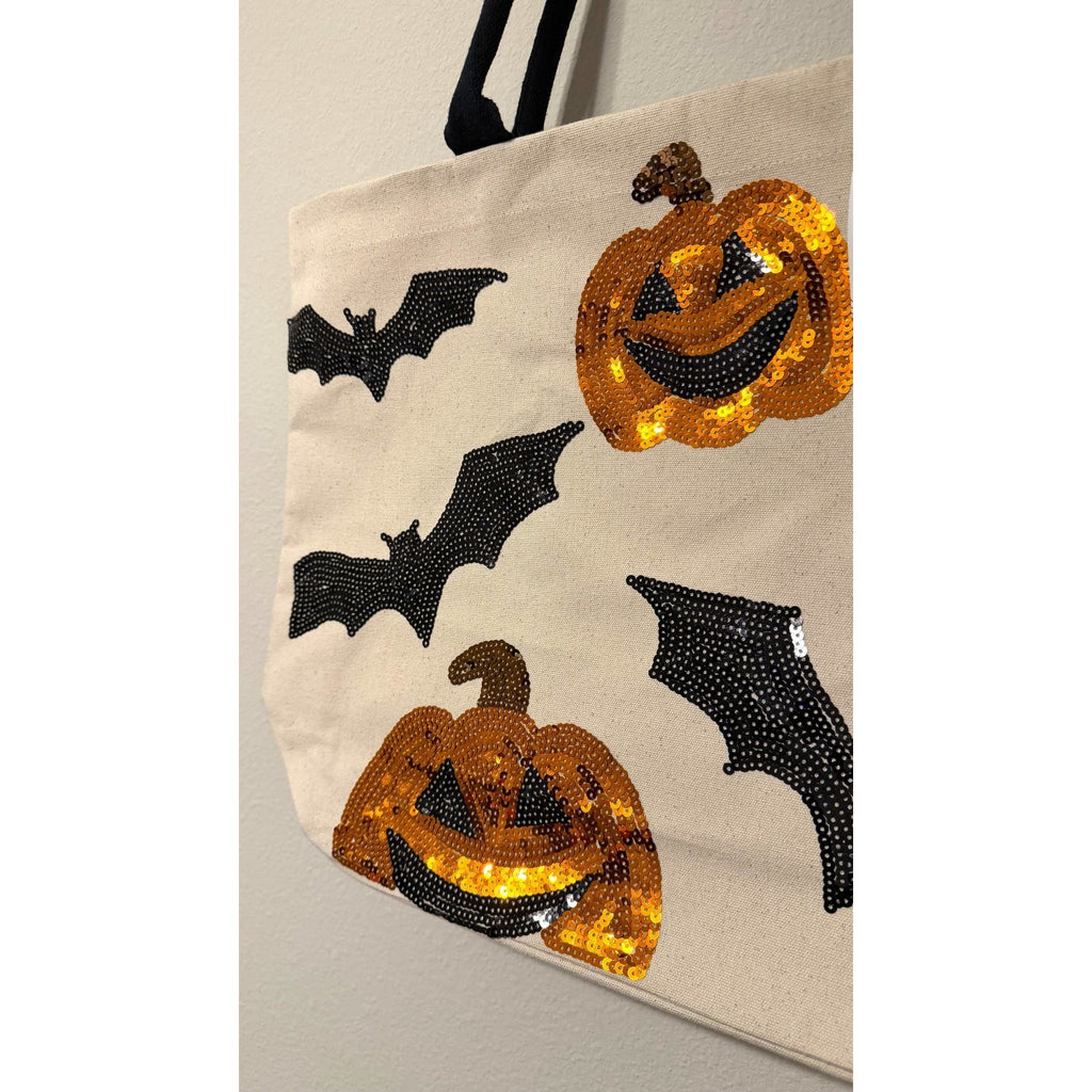 NWT Kirkland's Halloween Sequin Pumpkins & Bats Canvas Tote Bag