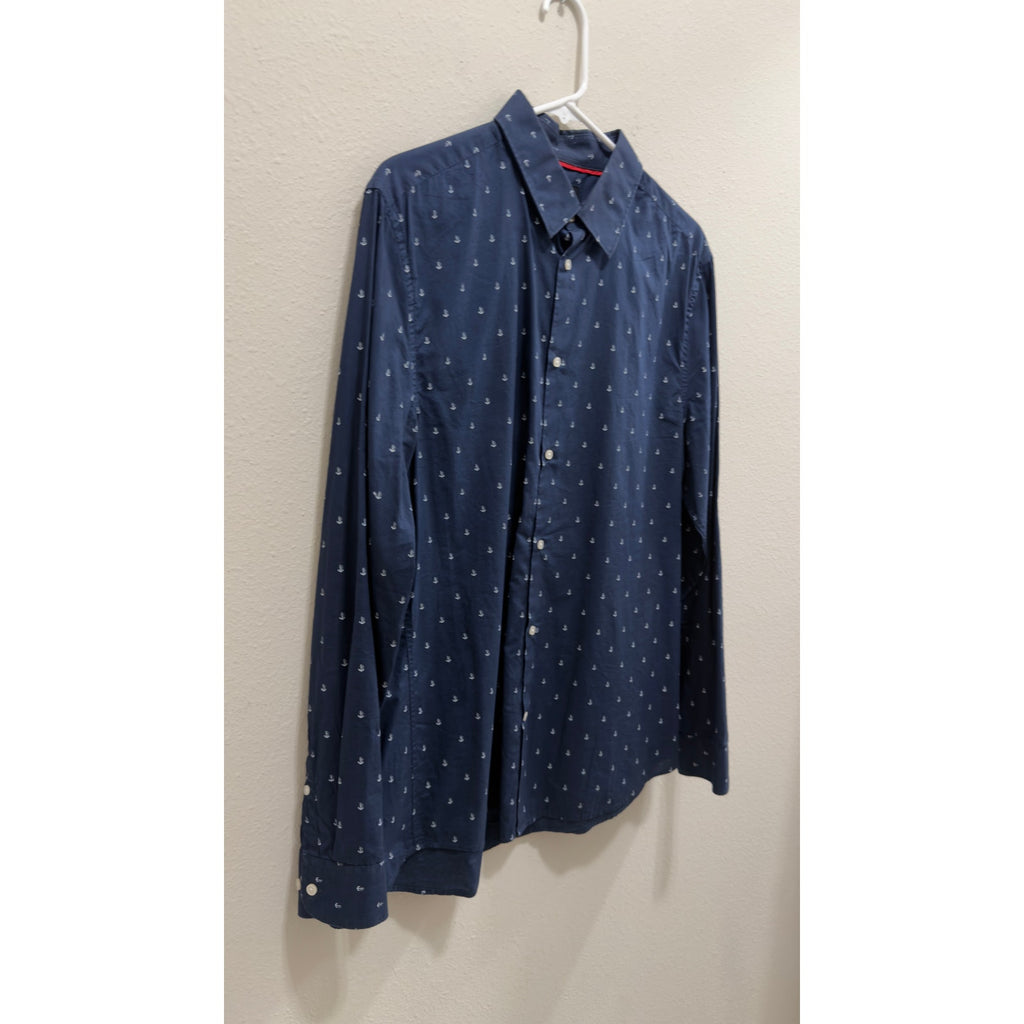 H&M Men's Long Sleeve Button-Down Shirt - Navy Anchor Print Size Large