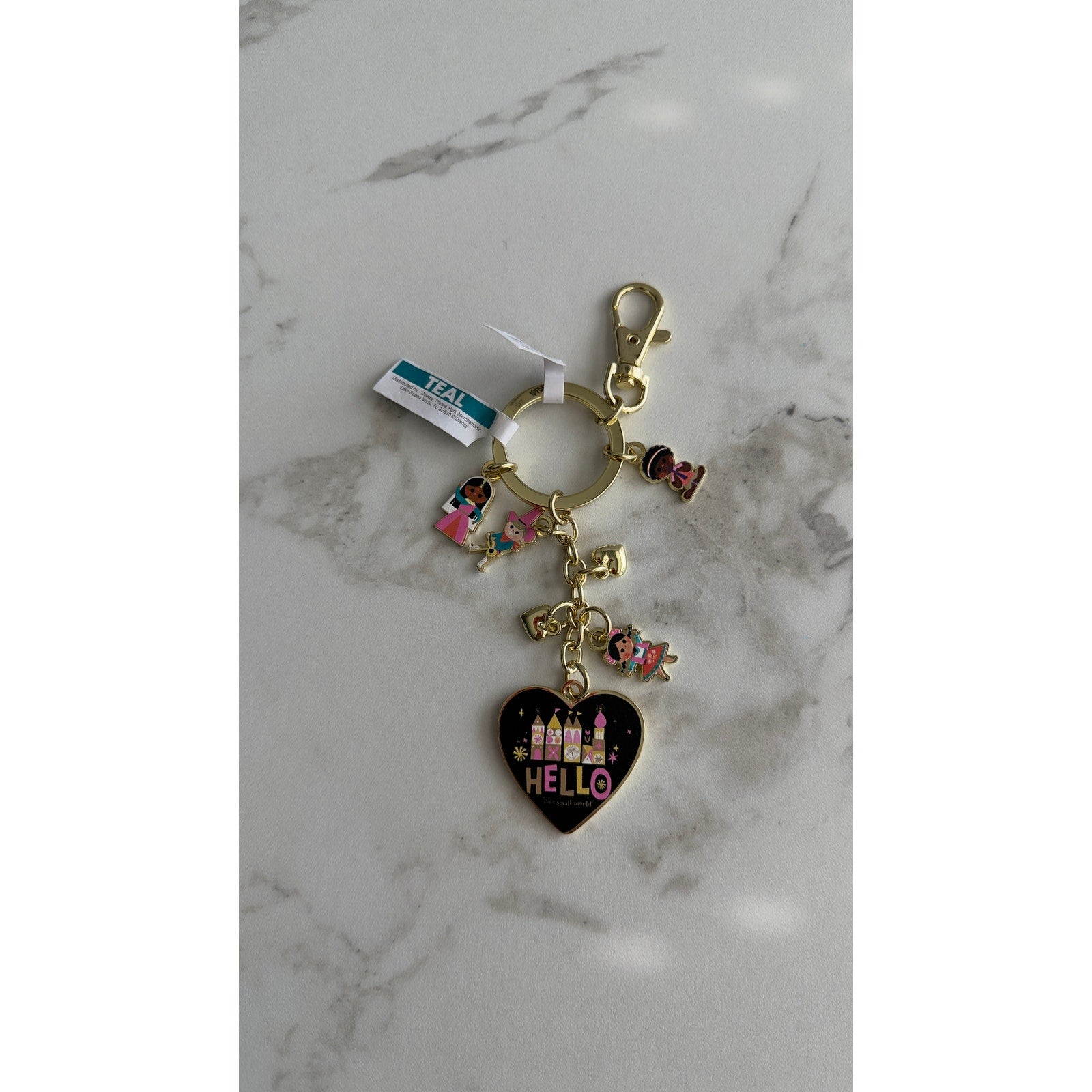 Disney Parks It's a Small World Hello Heart Keychain Bag Charm Gold Tone NEW