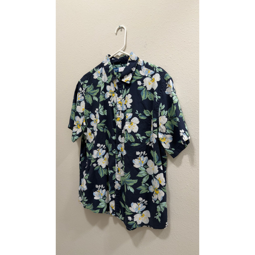 Old Navy Men’s Floral Short Sleeve Button Down Shirt Built-In Flex Navy Large
