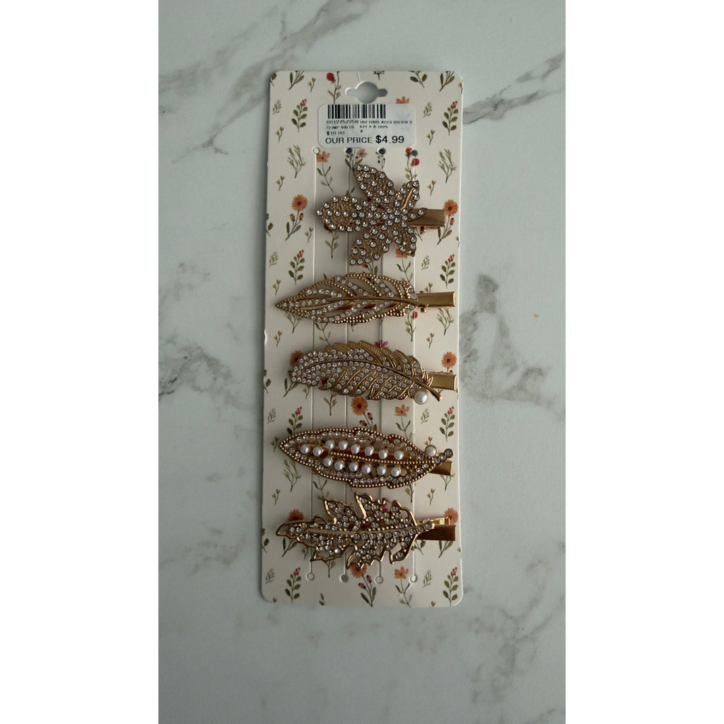 5 Pack Gold Rhinestone & Pearl Leaf Alligator Hair Clips Set