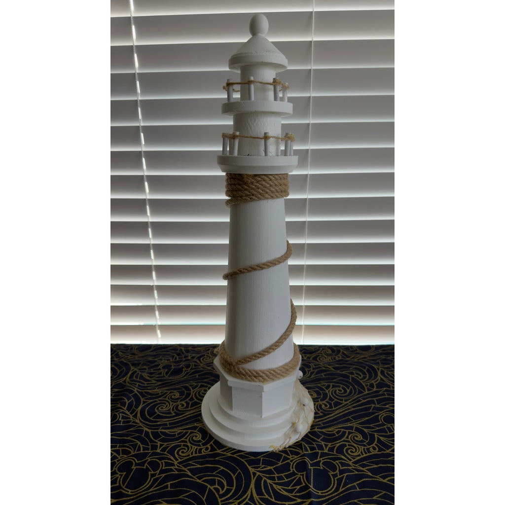 Large 20" White Wooden Lighthouse - Coastal Nautical Home Decor