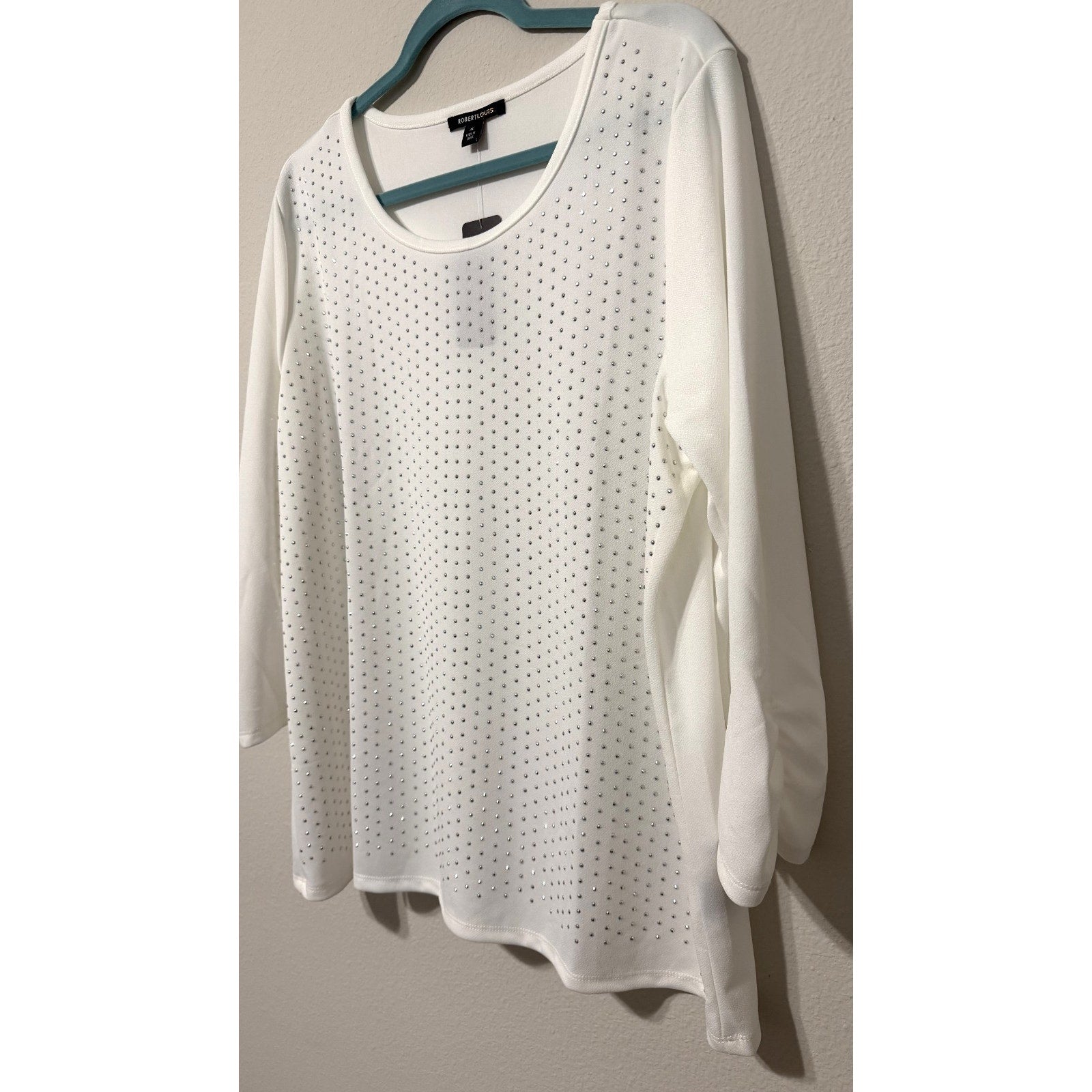 Robert Louis Women's XL Rhinestone Blouse Tunic Top NWT 3/4 Sleeve Cream White