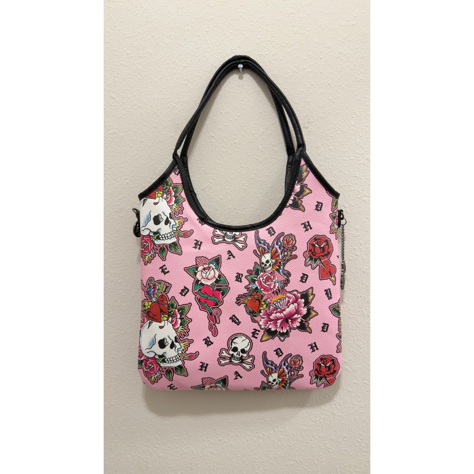 NWT Ed Hardy Pink Skull & Floral Tote Bag with Matching Umbrella Set