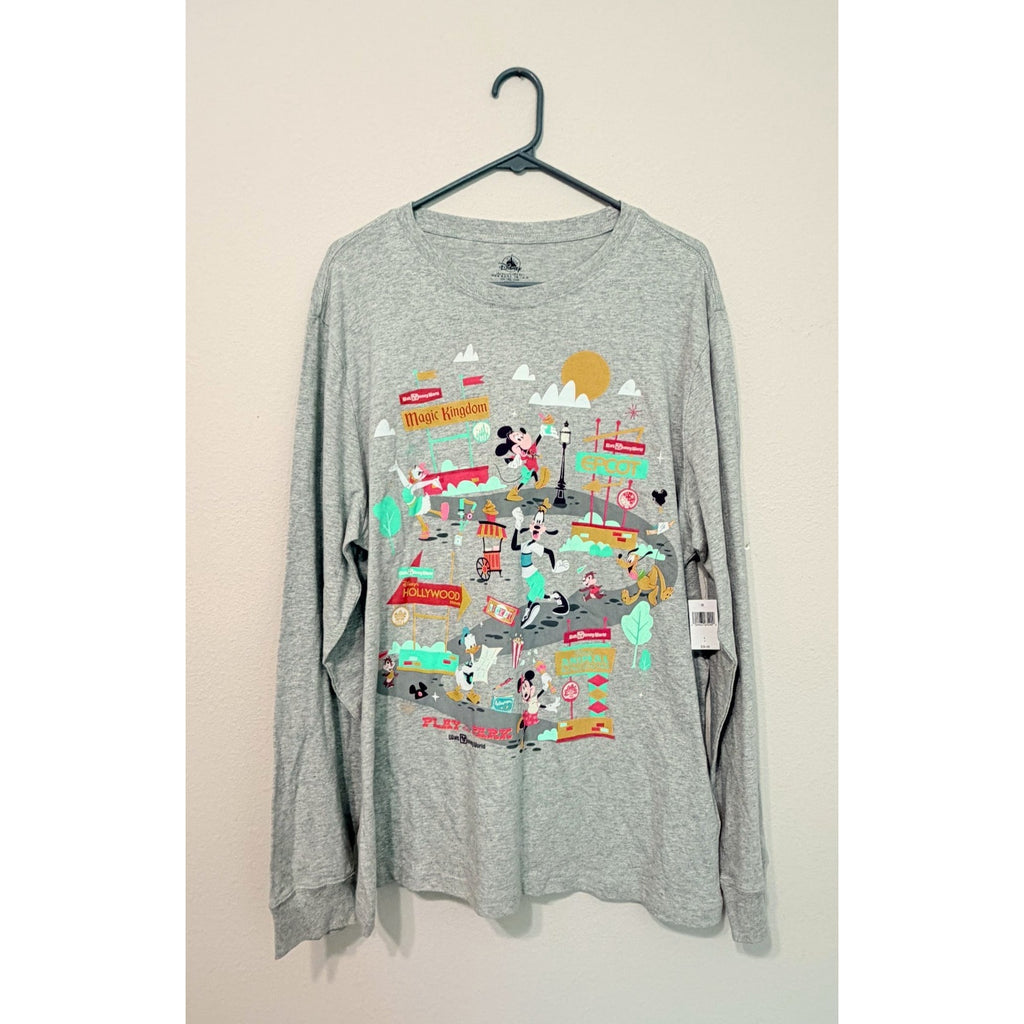 Walt Disney World Play In the Park Mickey 4 Parks Gray Long sleeve Shirt Large