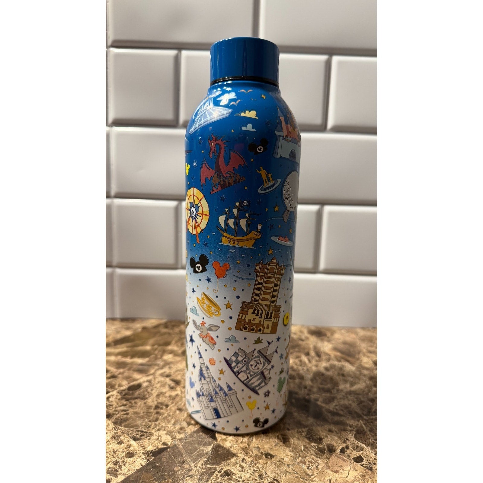 Disney Parks Icons & Attractions Stainless Steel Water Bottle - Blue Ombre NWT