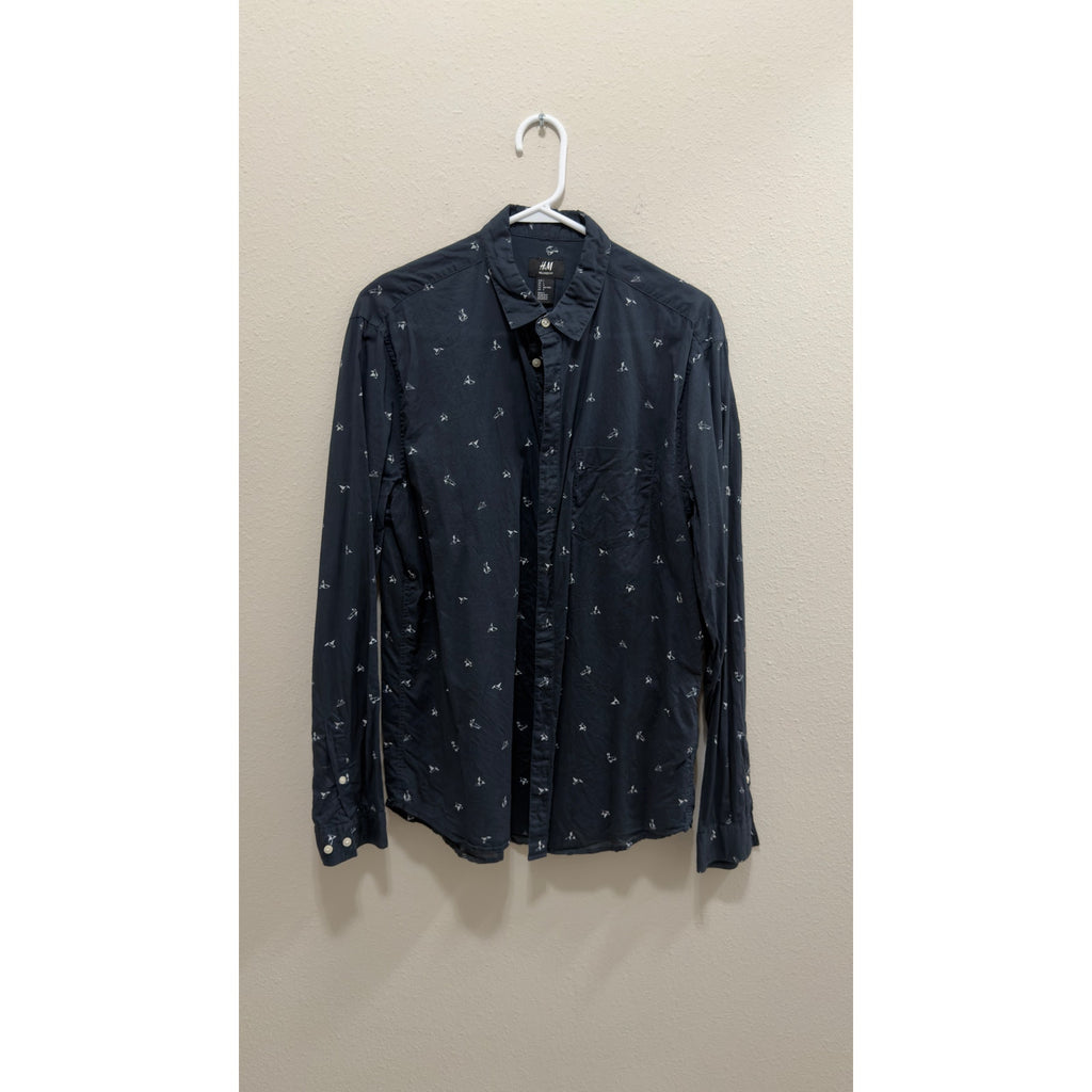 H&M Men's Origami Geometric Print Long Sleeve Button Down Shirt Navy Blue Large