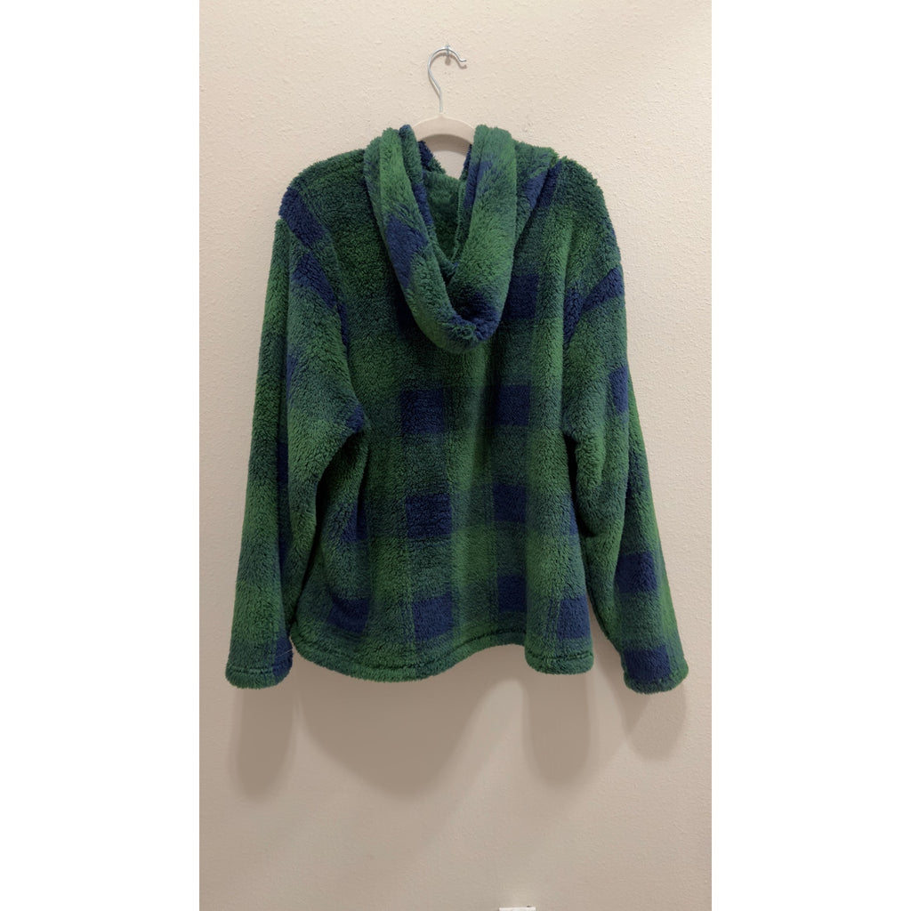 Crown & Ivy Green Plaid Sherpa Hoodie Mens Large Fleece Pullover