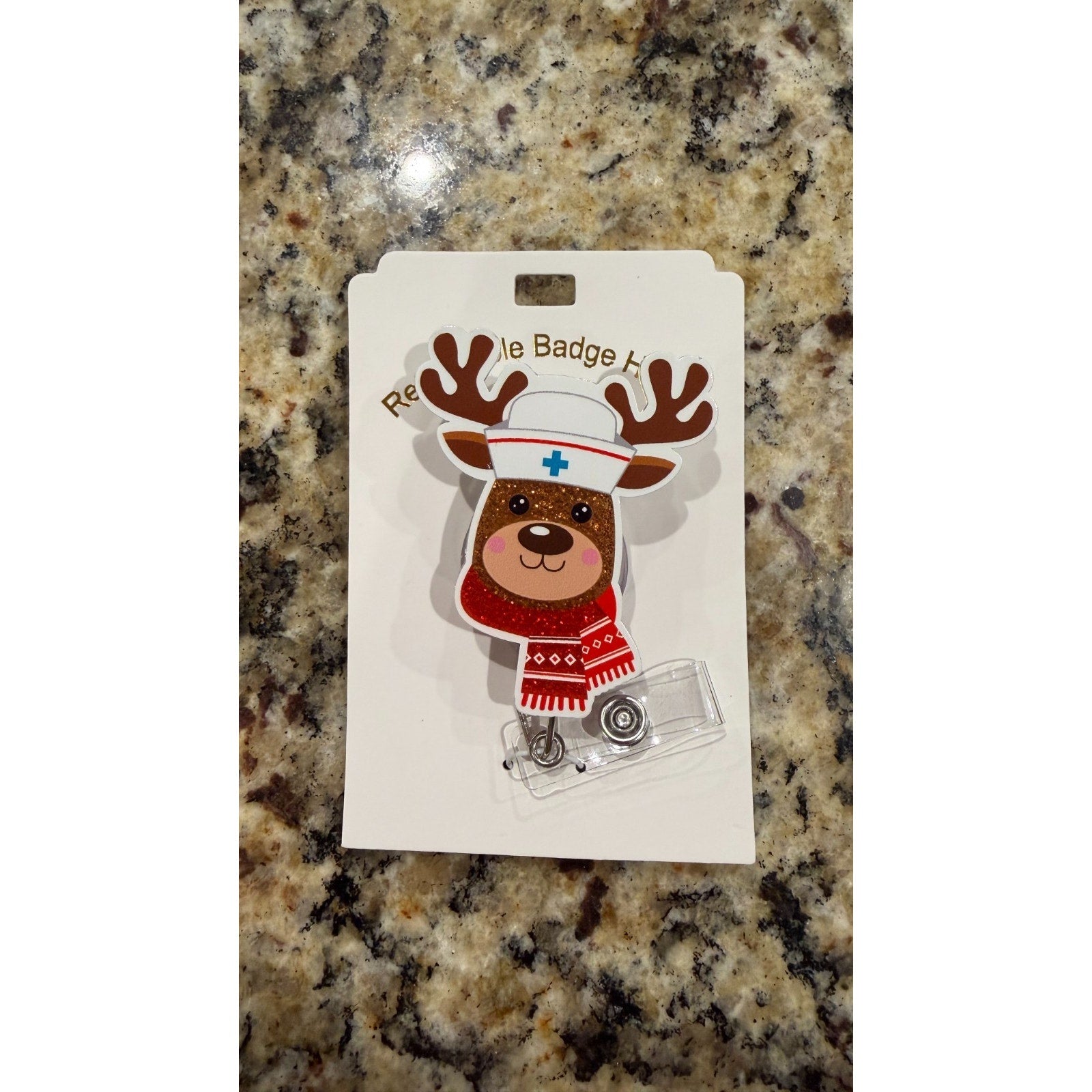 Retractable ID Clip Medical Deer, Acrylic Christmas Badge Holder NEW
