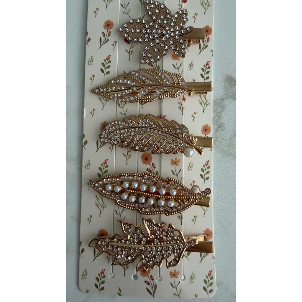 5 Pack Gold Rhinestone & Pearl Leaf Alligator Hair Clips Set