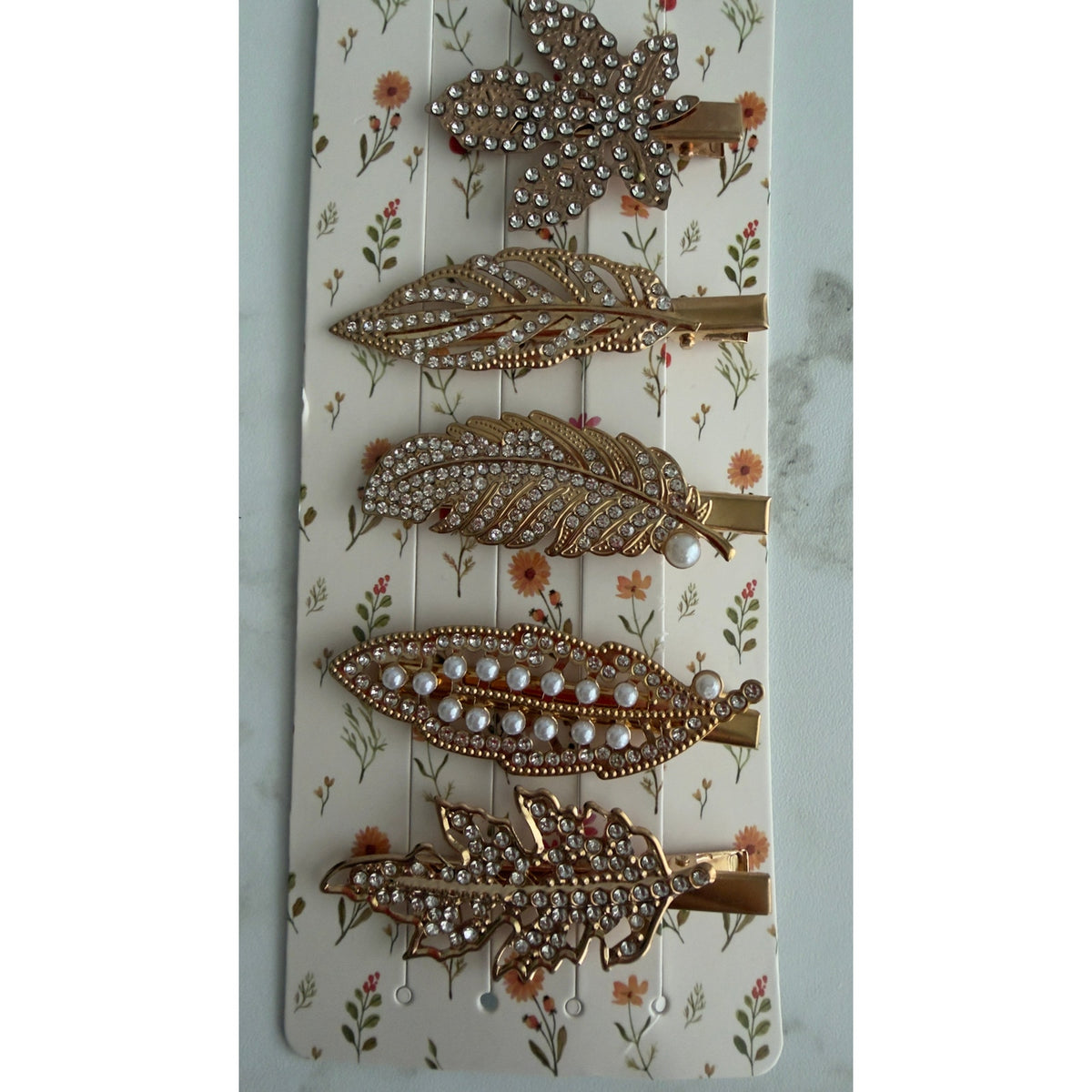 5 Pack Gold Rhinestone & Pearl Leaf Alligator Hair Clips Set