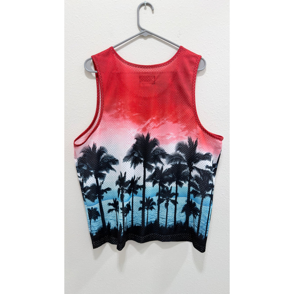 Target Original Use Men's Mesh Tank Top Large Red Sunset Palm Trees Jersey NWT