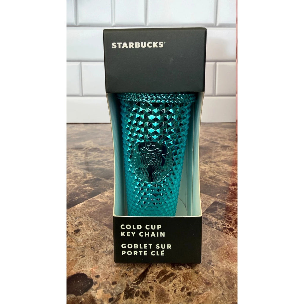 NWT Starbucks Metallic Chrome Teal Blue Studded 24oz Tumbler & Ornament