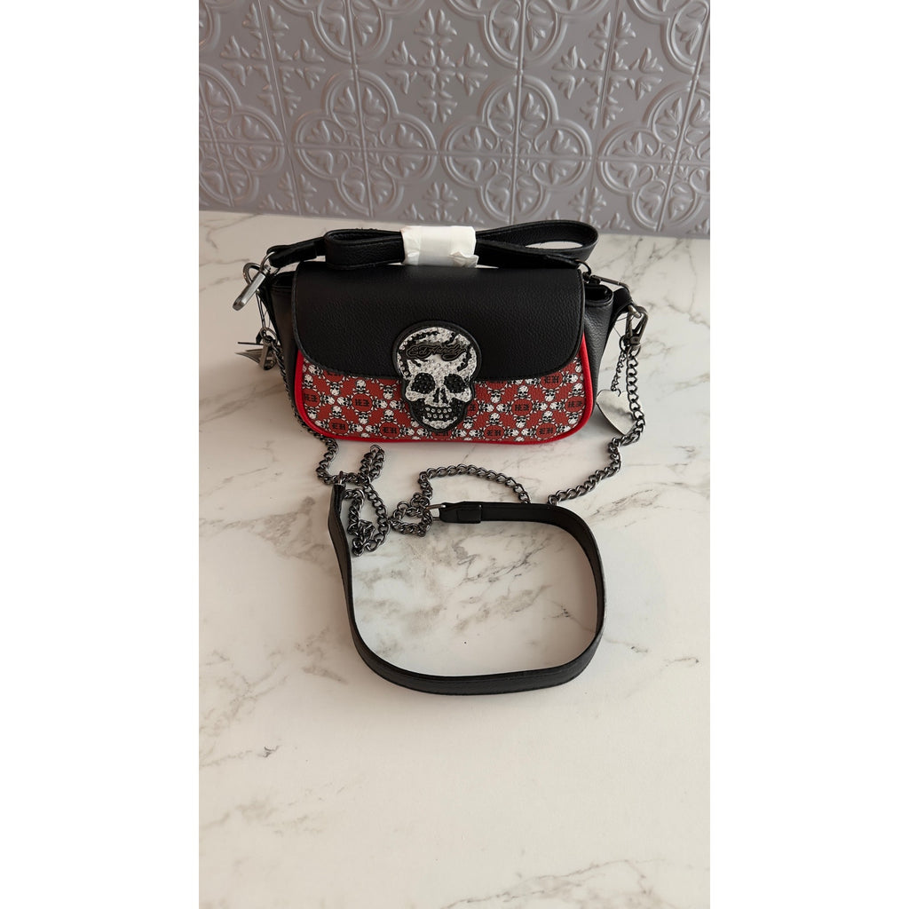 Ed Hardy Rhinestone Skull Flap Crossbody Bag Red & Black Print NWT