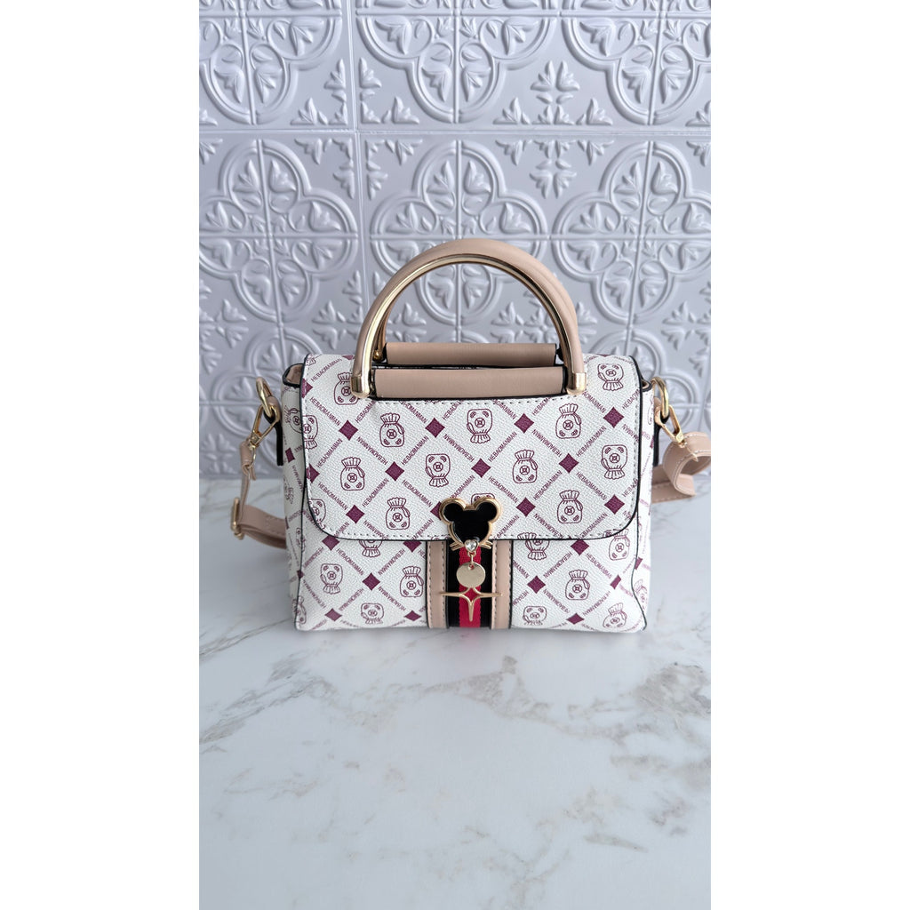 Mickey Mouse Charm Satchel Bag Women’s Handbag White Beige NEW