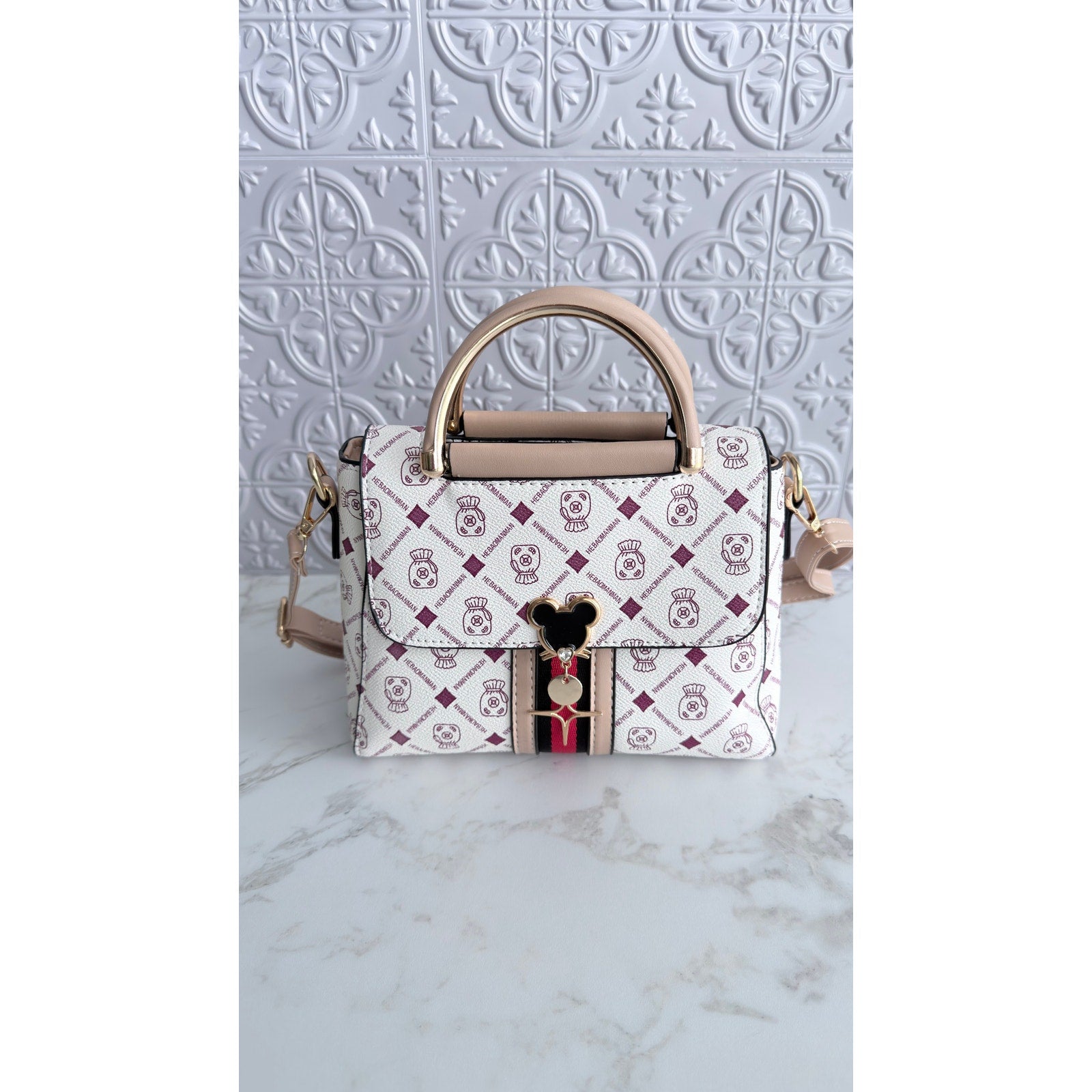 Mickey Mouse Charm Satchel Bag Women’s Handbag White Beige NEW