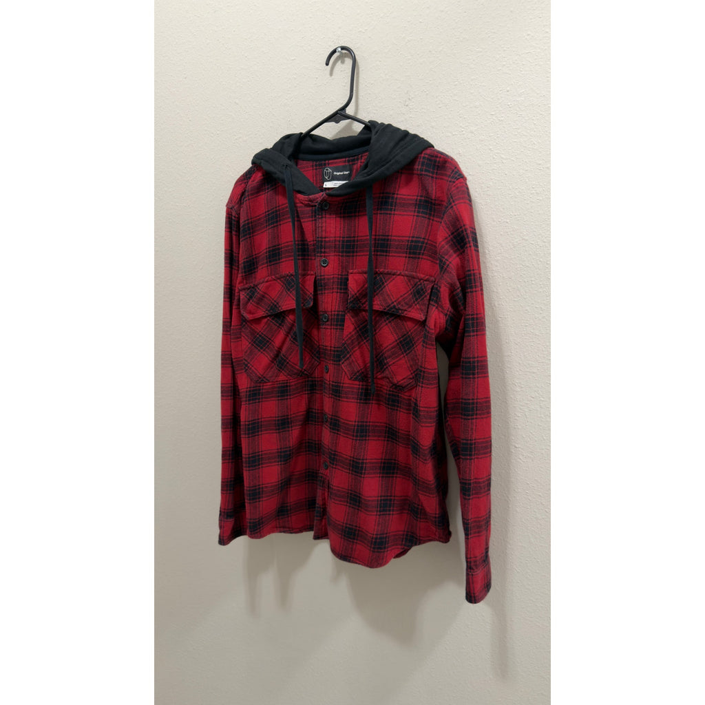 Original Use Mens Red Plaid Hooded Flannel Button Up Large