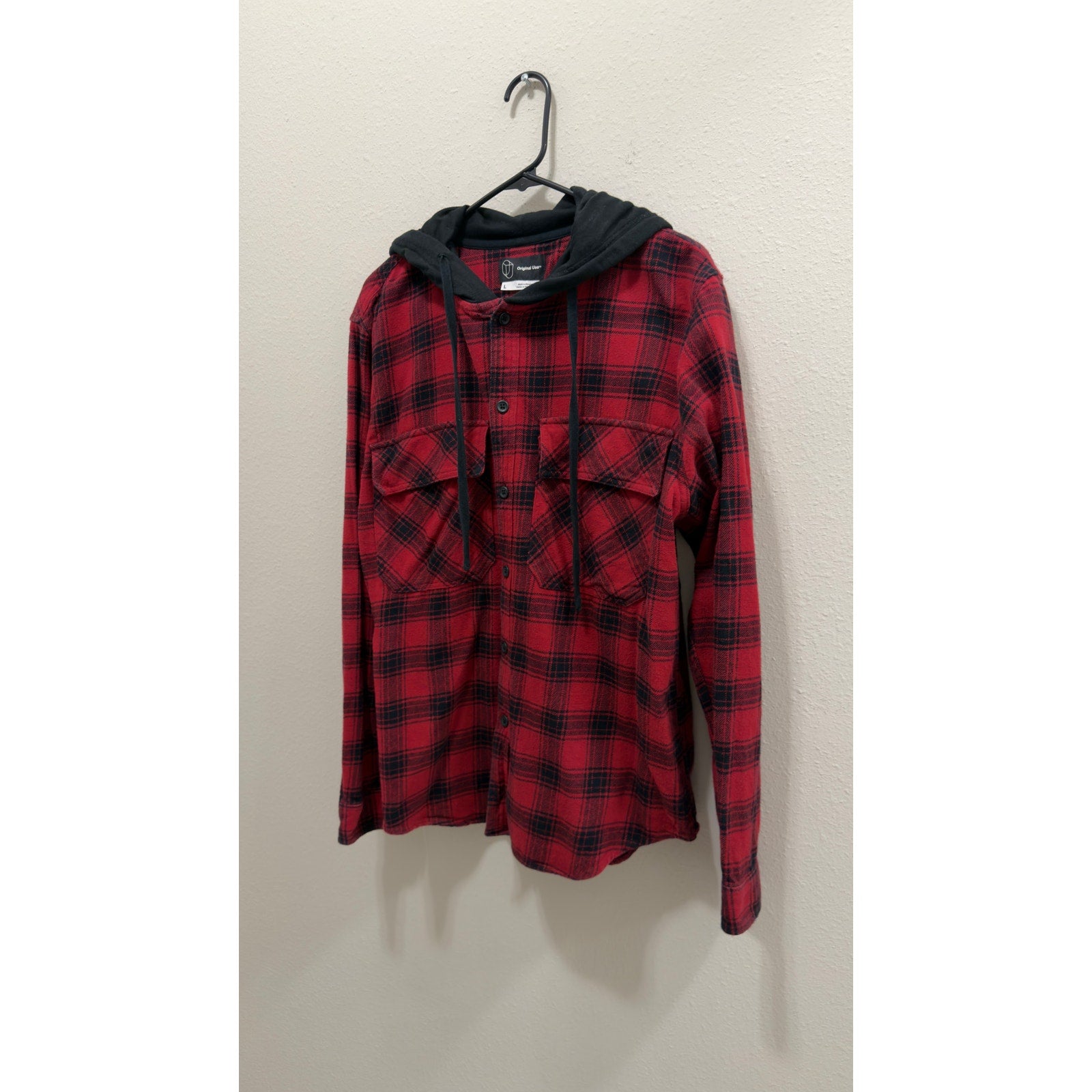 Original Use Mens Red Plaid Hooded Flannel Button Up Large