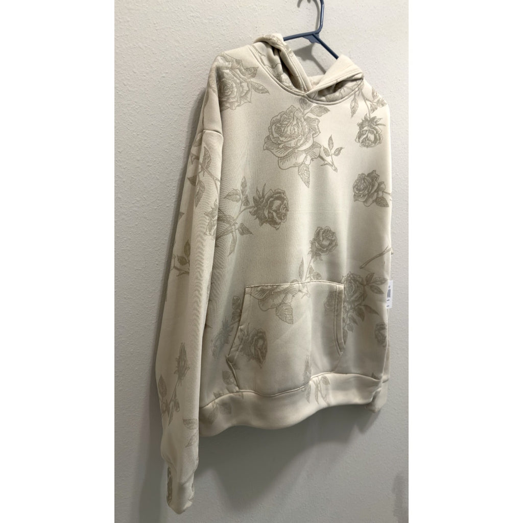 NWT Drill Social Club Rose Print Hoodie Men's Medium Ecru Flocked Fleece
