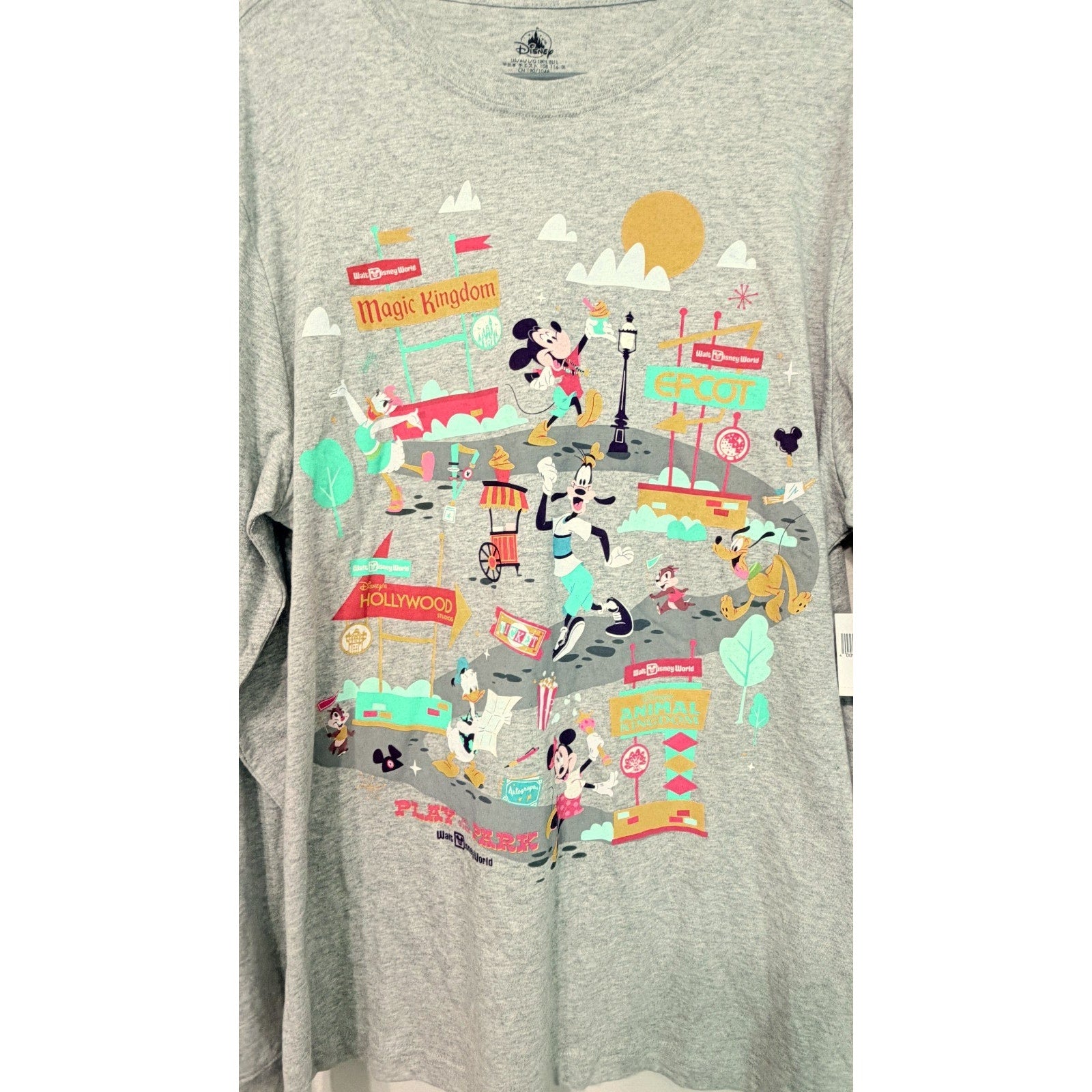 Walt Disney World Play In the Park Mickey 4 Parks Gray Long sleeve Shirt Large