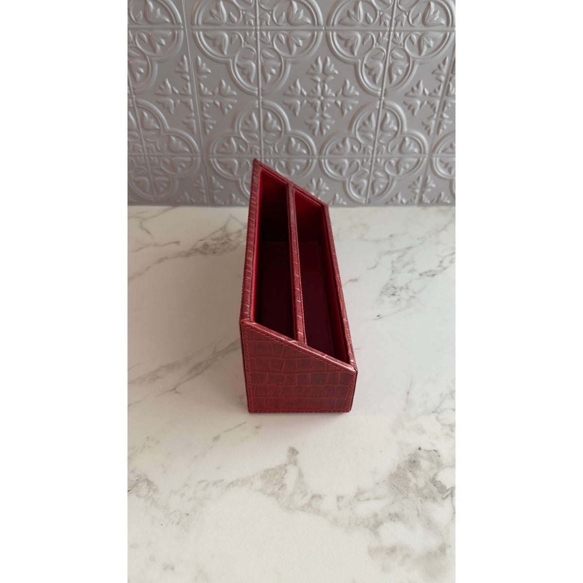 Genuine Leather Red Croc Embossed Desk Organizer Letter Mail Holder Storage