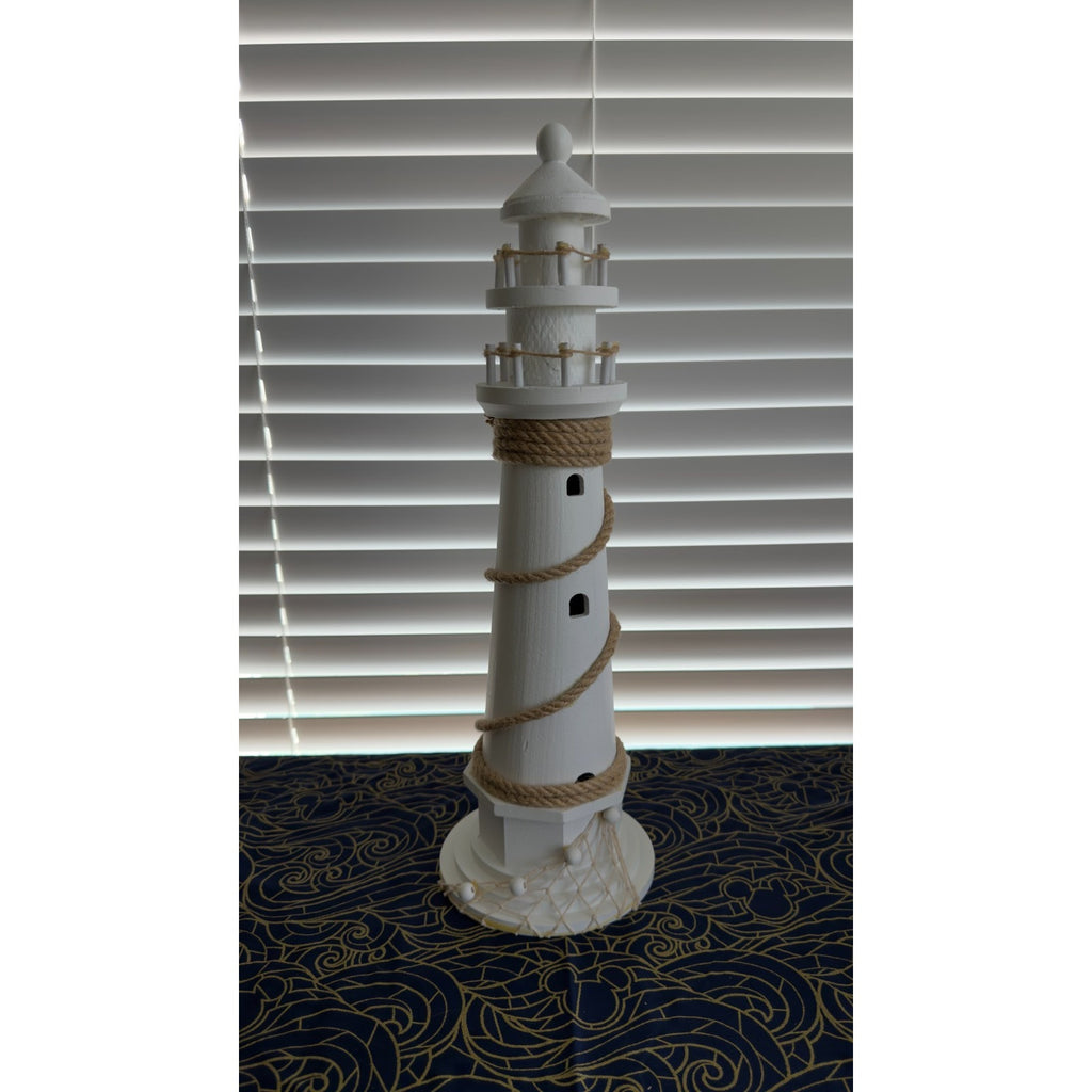 Large 20" White Wooden Lighthouse - Coastal Nautical Home Decor