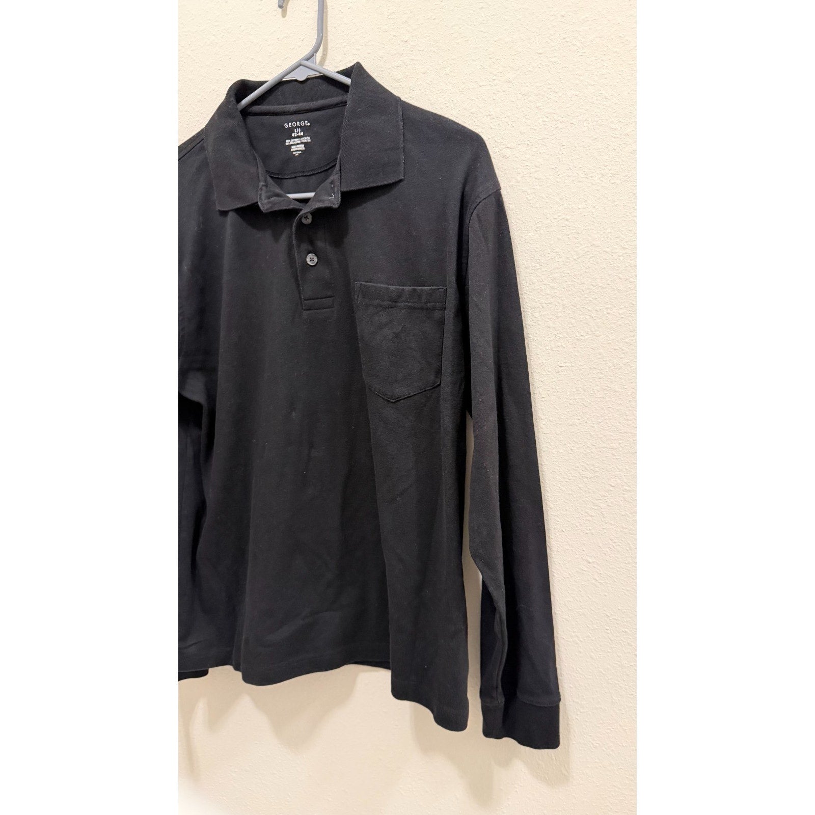 George Men’s Long Sleeve Polo Shirt - Solid Black - Regular Fit - Preowned