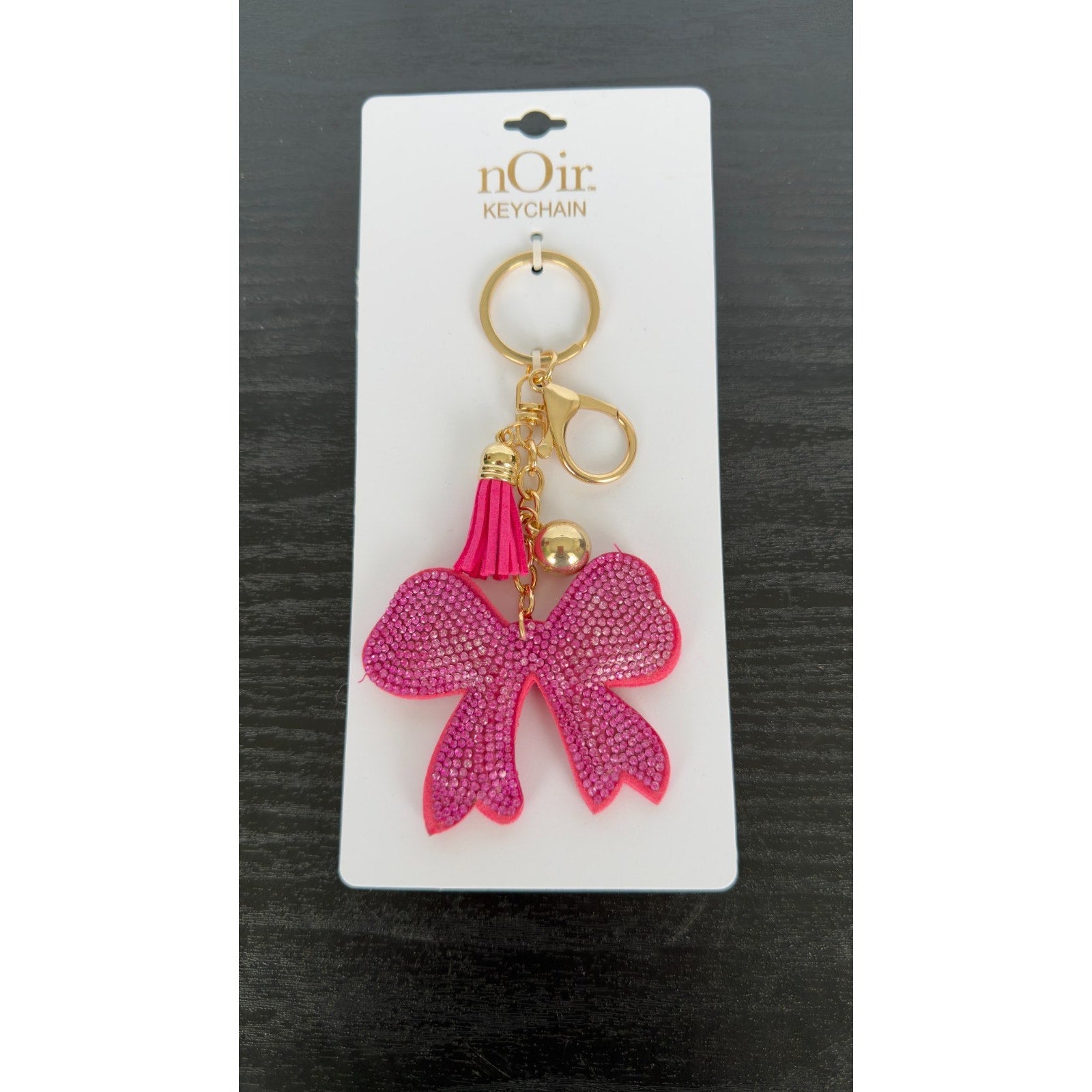Bling Rhinestone Pink Ribbon Puffy Keychain - Tassel Bag Charm - NEW