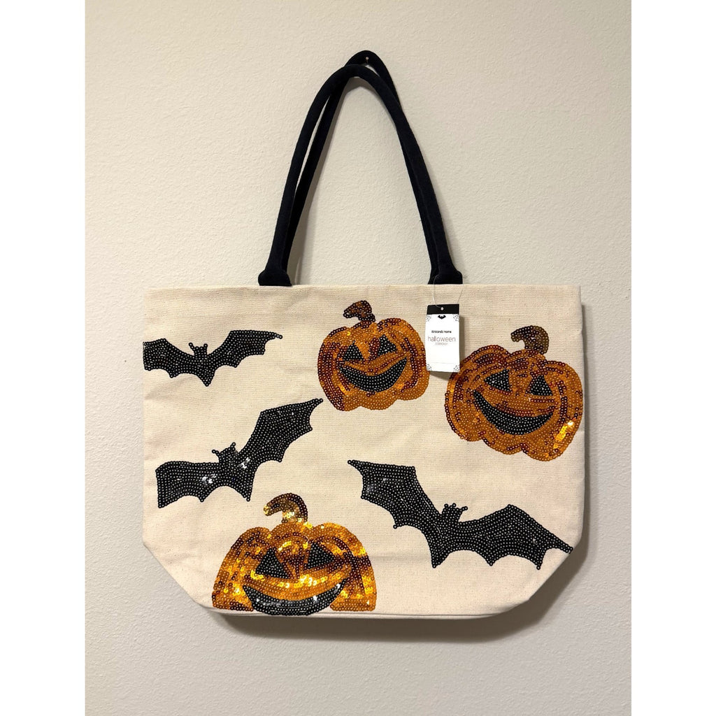 NWT Kirkland's Halloween Sequin Pumpkins & Bats Canvas Tote Bag