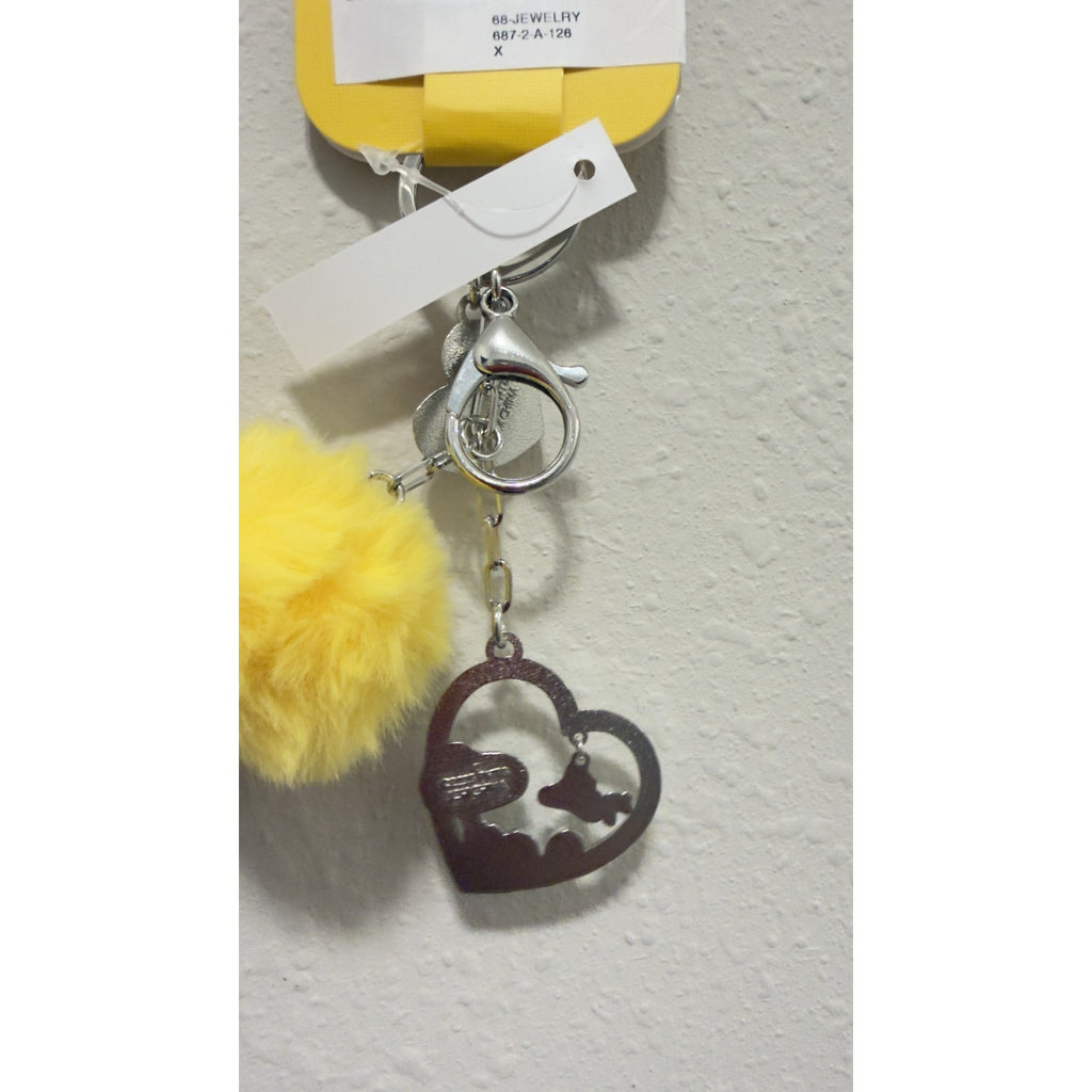 NWT Peanuts Snoopy & Woodstock Yellow Pom Pom Heart Bag Tag Keychain