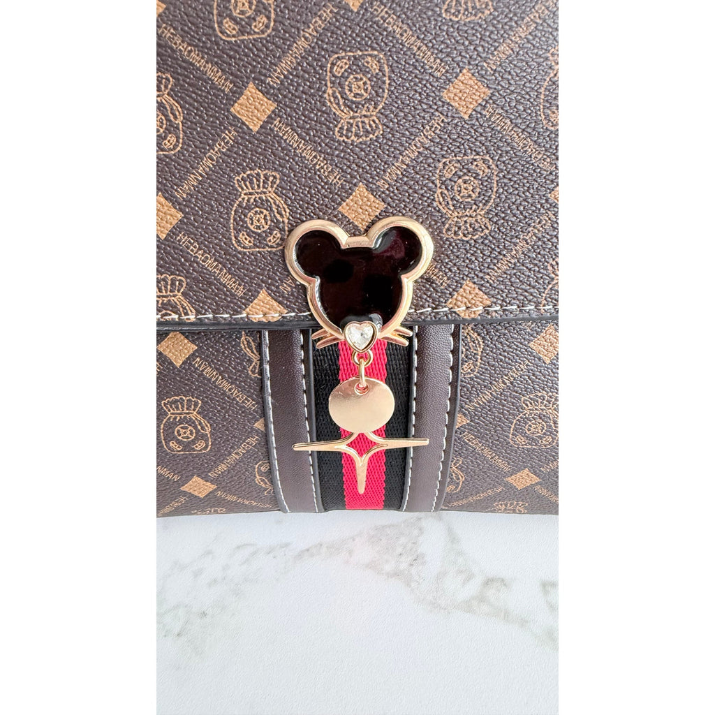 Mickey Mouse Charm Satchel Bag Women’s Tote Handbag Brown Gold NWT