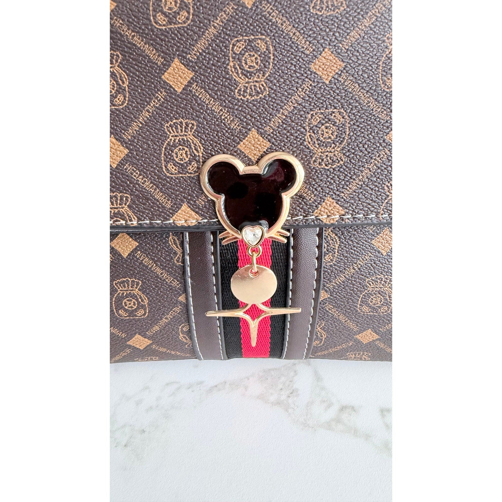 Mickey Mouse Charm Satchel Bag Women’s Tote Handbag Brown Gold NWT