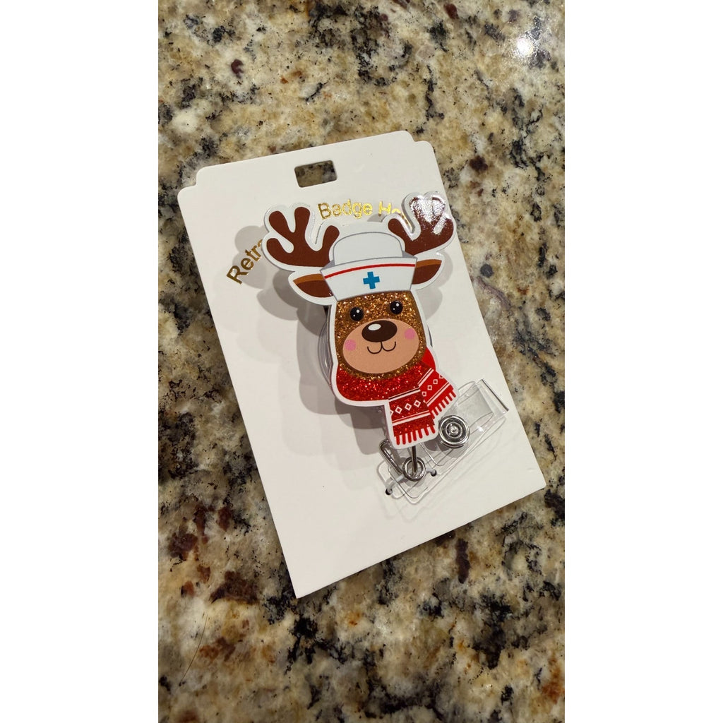 Retractable ID Clip Medical Deer, Acrylic Christmas Badge Holder NEW