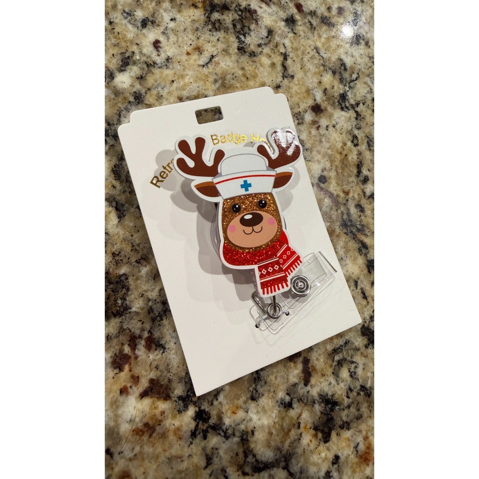 Retractable ID Clip Medical Deer, Acrylic Christmas Badge Holder NEW
