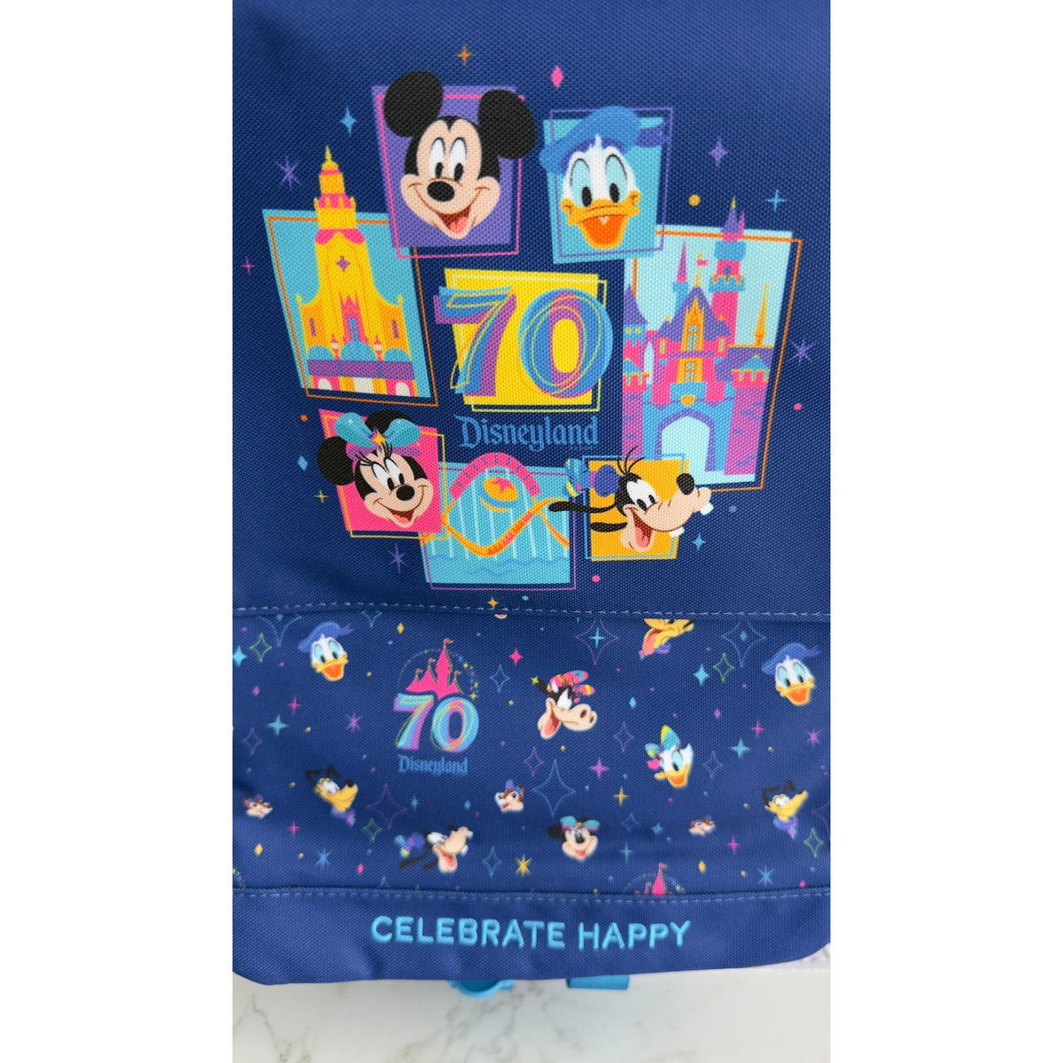 Disneyland 70th Anniversary Celebrate Happy Blue Characters Backpack NWT