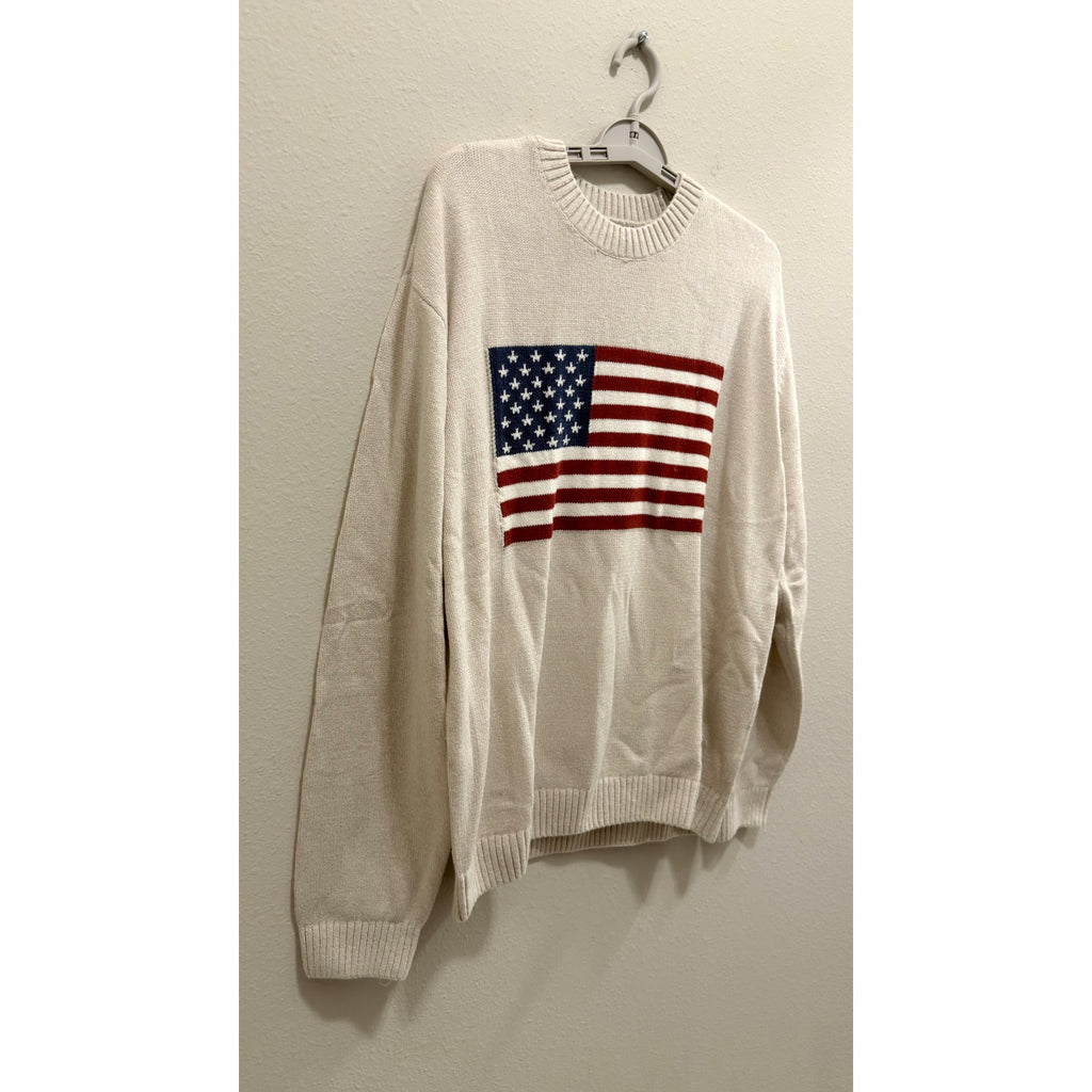 Hollister American Flag Graphic Knit Sweater Cream Beige Men's Large NWT