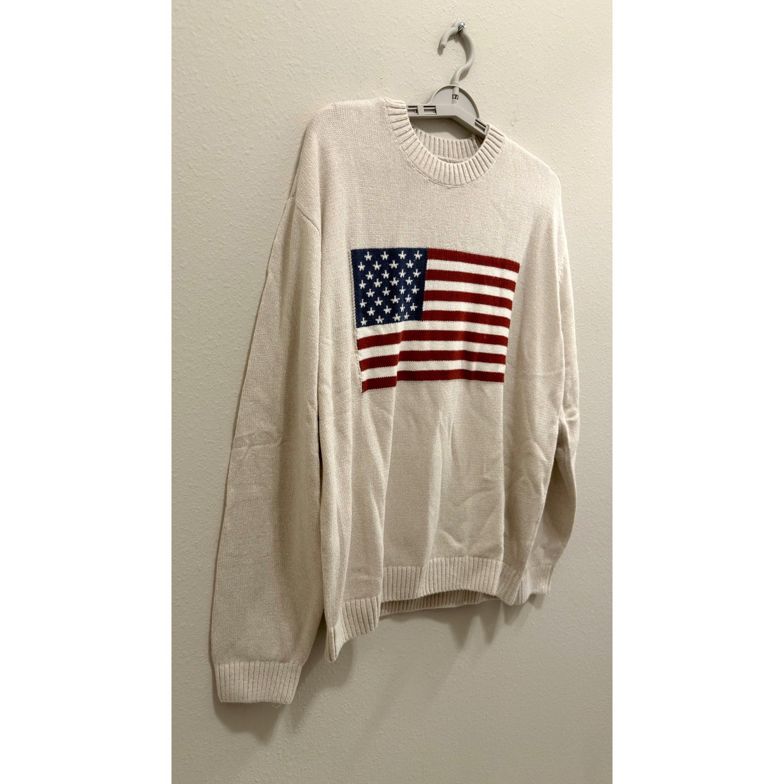Hollister American Flag Graphic Knit Sweater Cream Beige Men's Large NWT