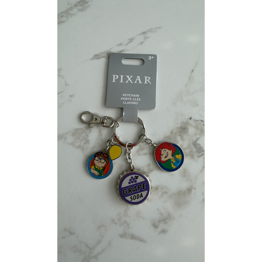 Disney Pixar Up Keychain Carl Ellie Grape Soda Cap 3 Charms NEW