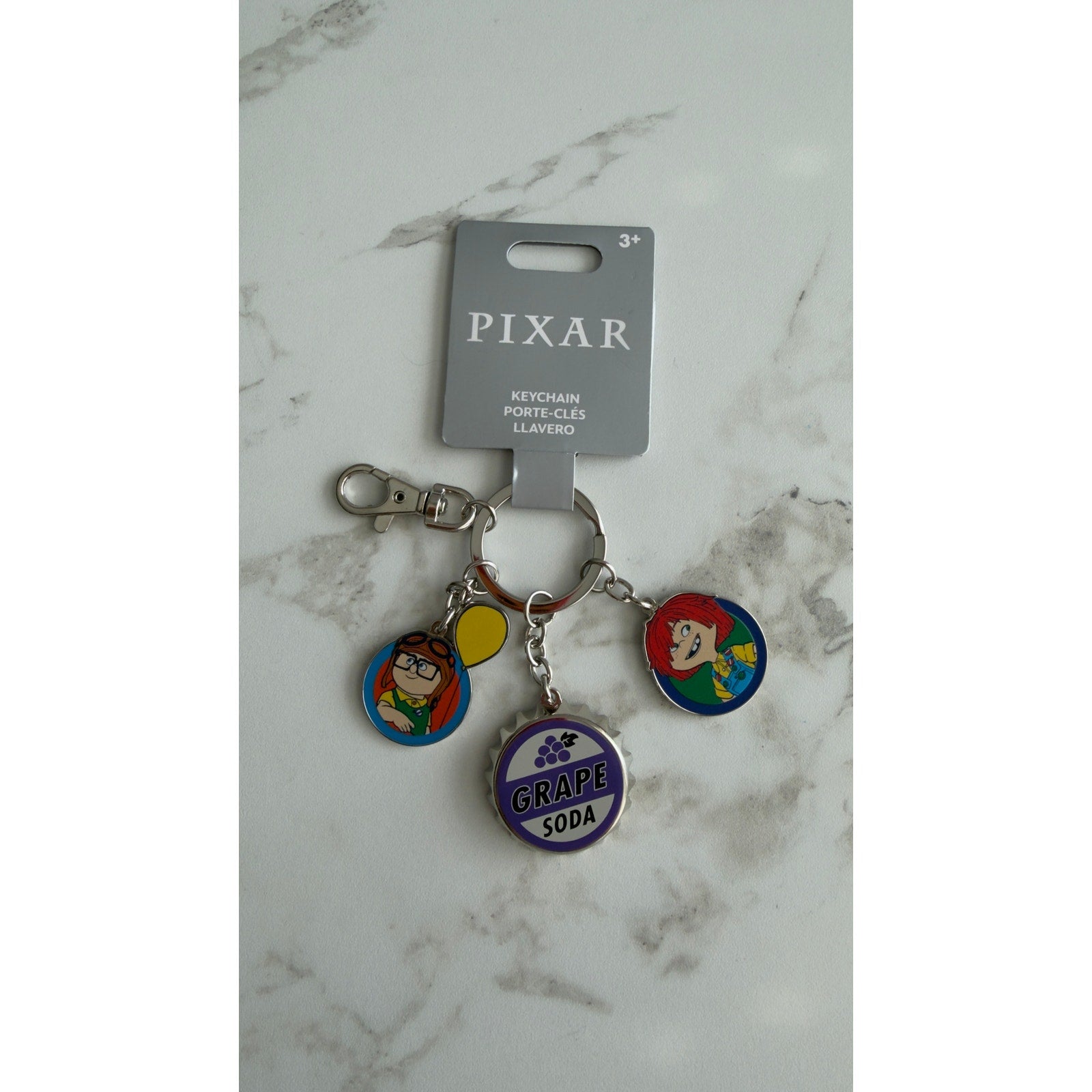 Disney Pixar Up Keychain Carl Ellie Grape Soda Cap 3 Charms NEW