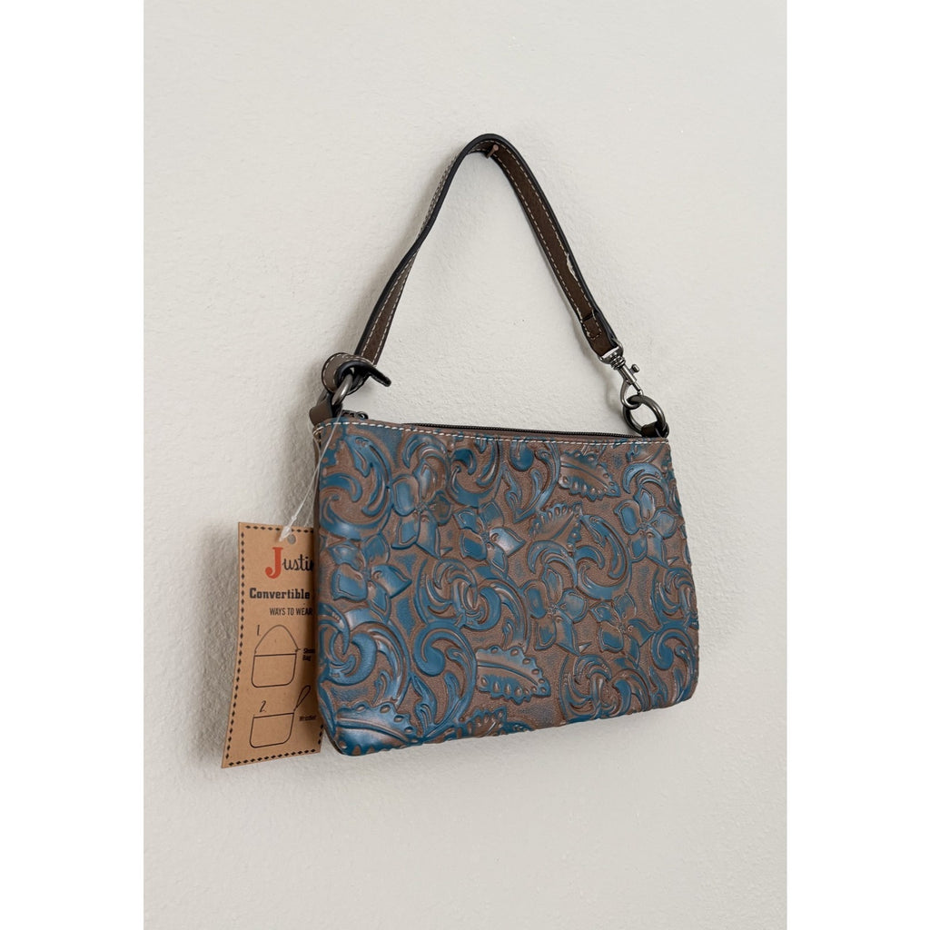 Justin Boots Embossed Convertible Wristlet Blue/Brown NEW